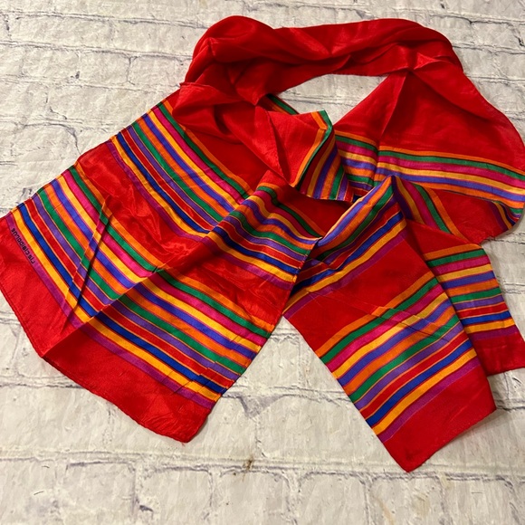 VINTAGE LIZ CLAIBORNE RED MULTI STRIPED COLORED SILK OBLONG - Picture 2 of 7
